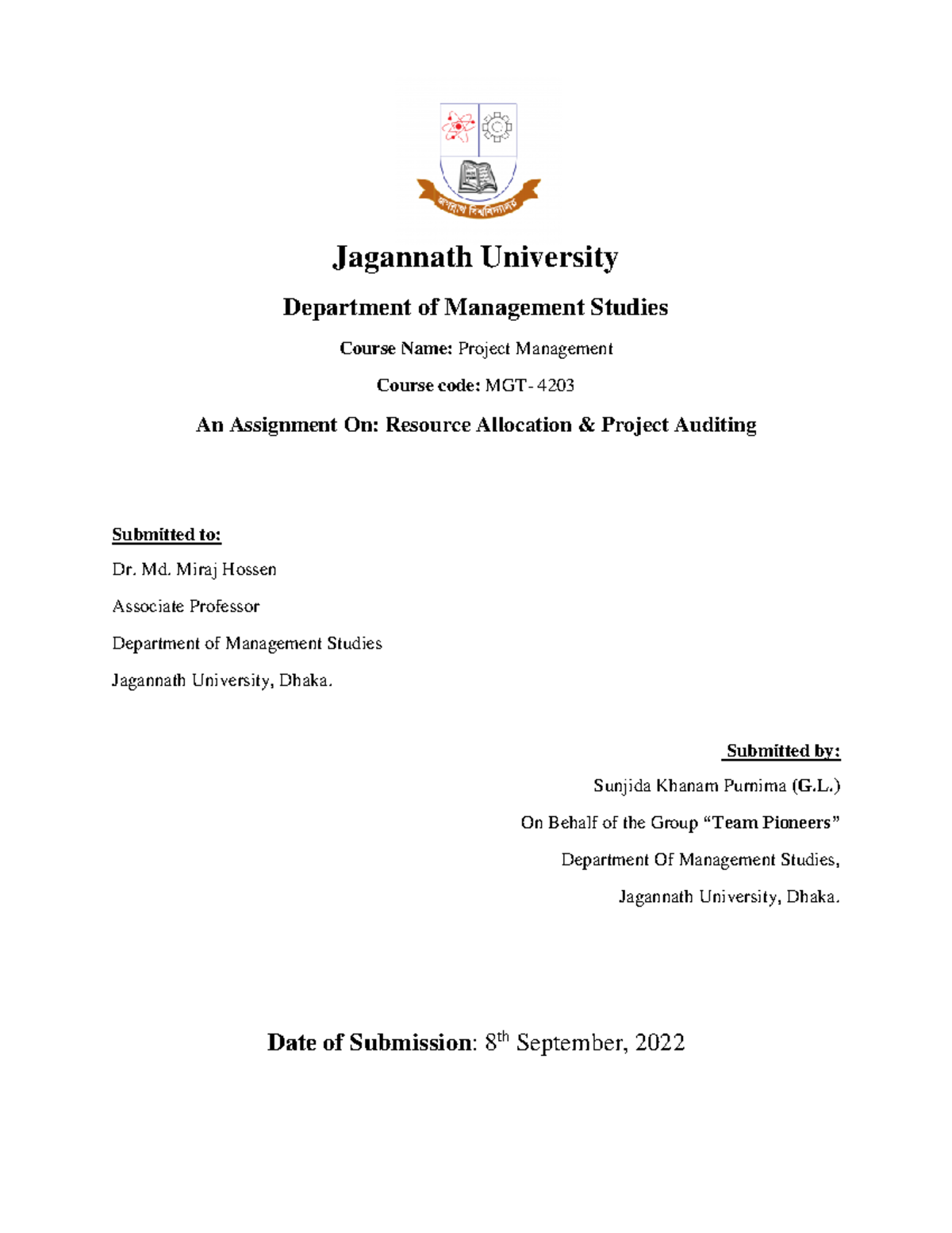 Resource allocation and Project Audit assignment - Jagannath University ...