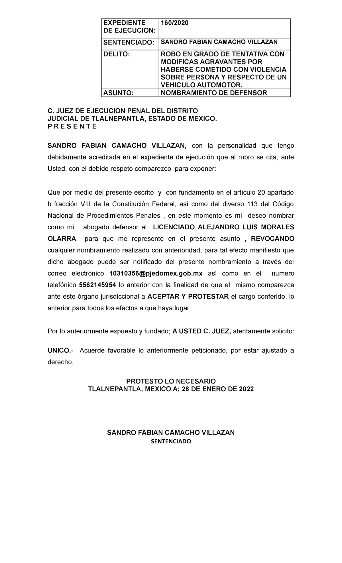 machote solicitud de nombramiento - C. JUEZ DE EJECUCION PENAL DEL DISTRITO  JUDICIAL DE - Studocu