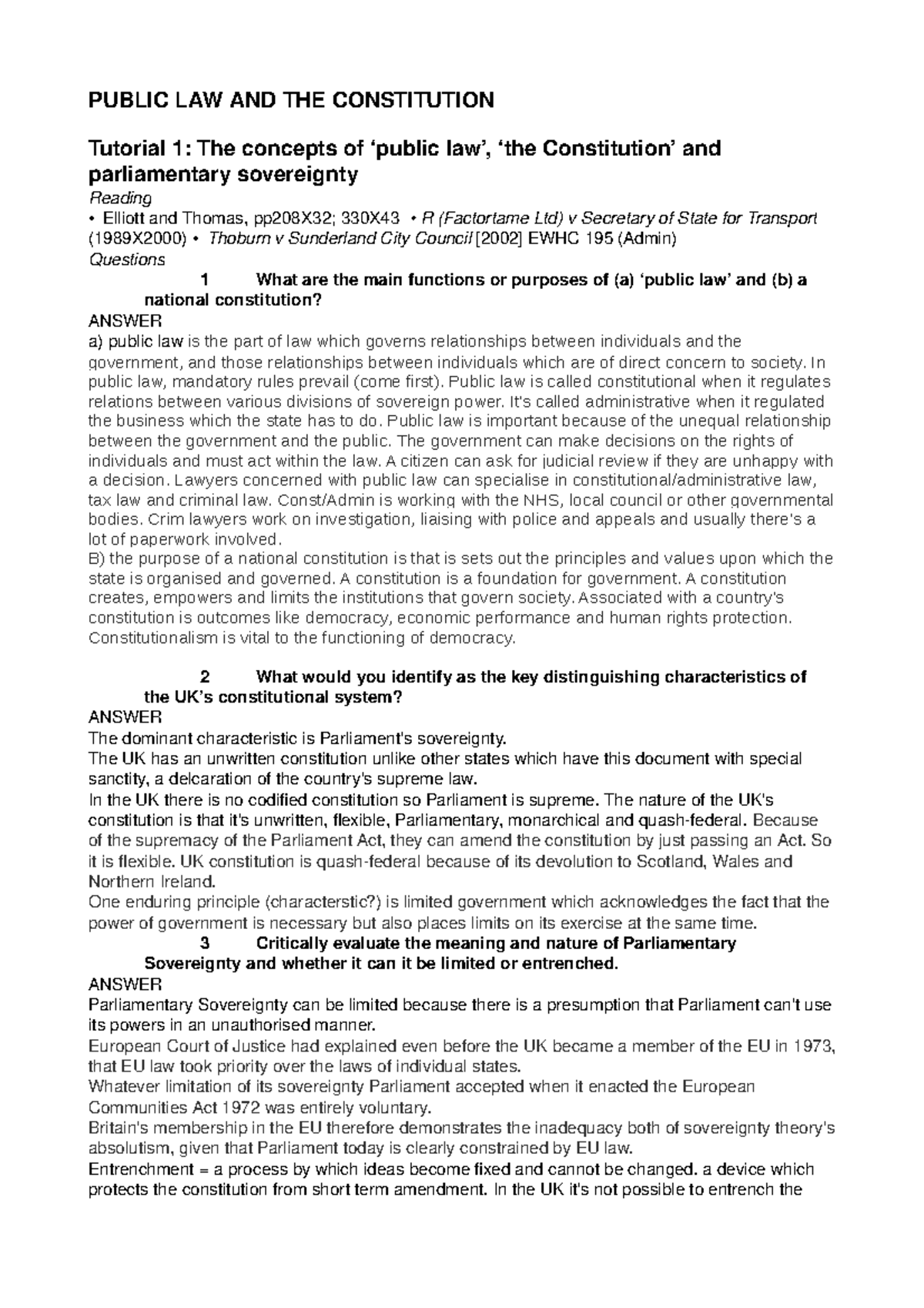 PL&C - Lecture notes 1 - PUBLIC LAW AND THE CONSTITUTION Tutorial 1 ...
