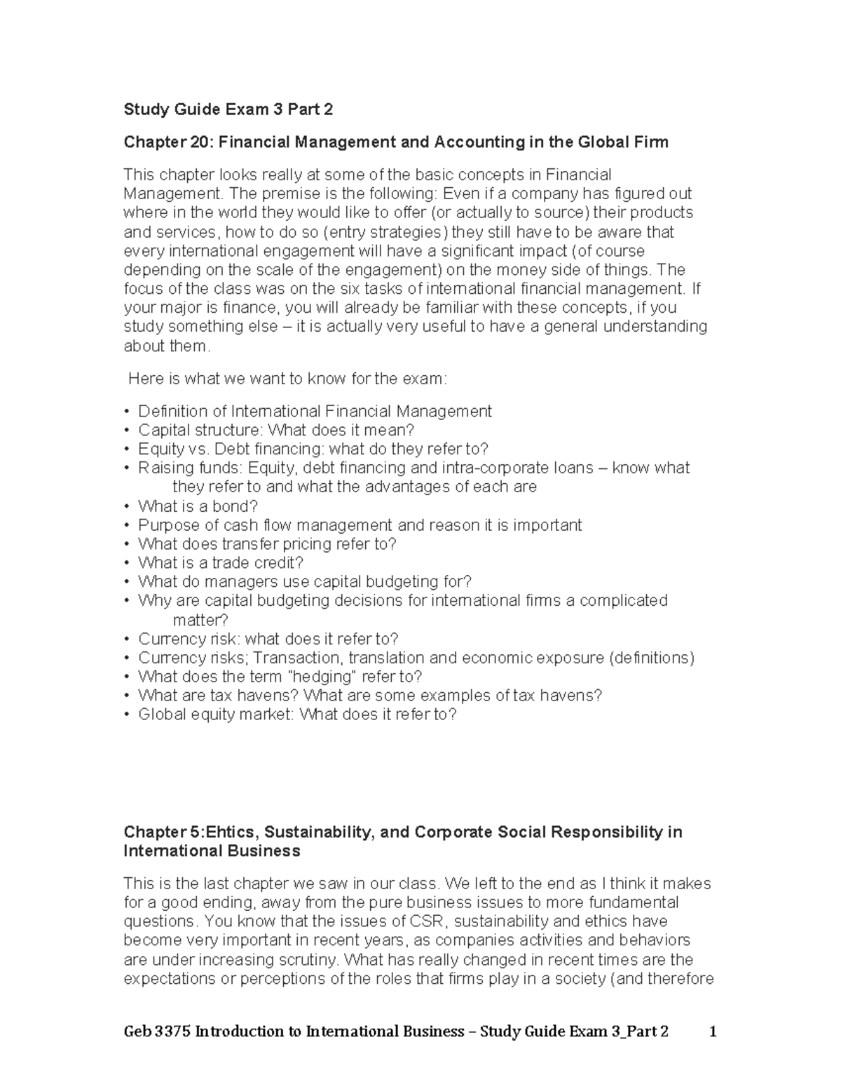 Exam 3 Study Guide Part2 - Geb 3375 Introduction to International ...