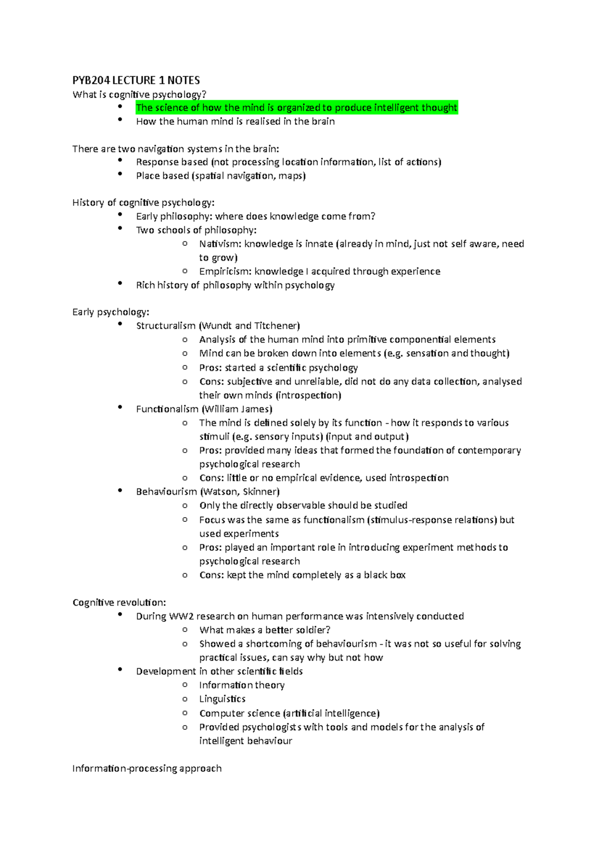 PYB204 Lecture 1 Notes - PYB204 LECTURE 1 NOTES What is cognitive ...