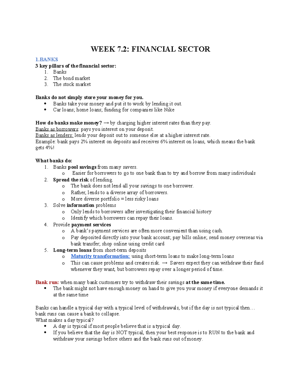 Macroecomics Financial Sector Notes - WEEK 7: FINANCIAL SECTOR 1 3 key ...