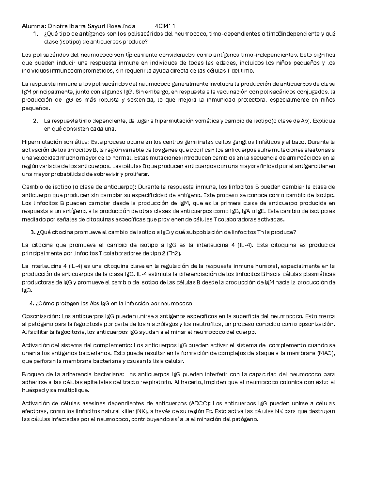 Cuestionario inmuno Alumna Onofre Ibarra Sayuri Rosalinda 4CM ¿Qué
