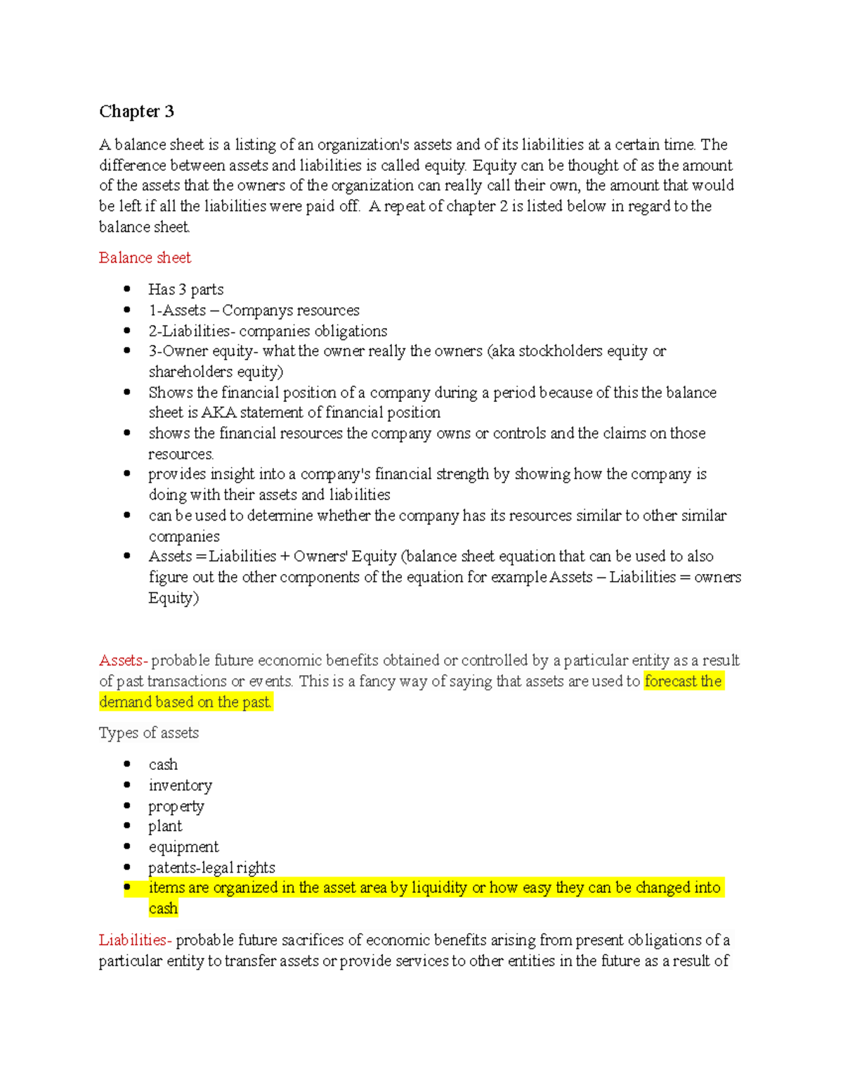 Chapter 3 kd - notes - Chapter 3 A balance sheet is a listing of an ...