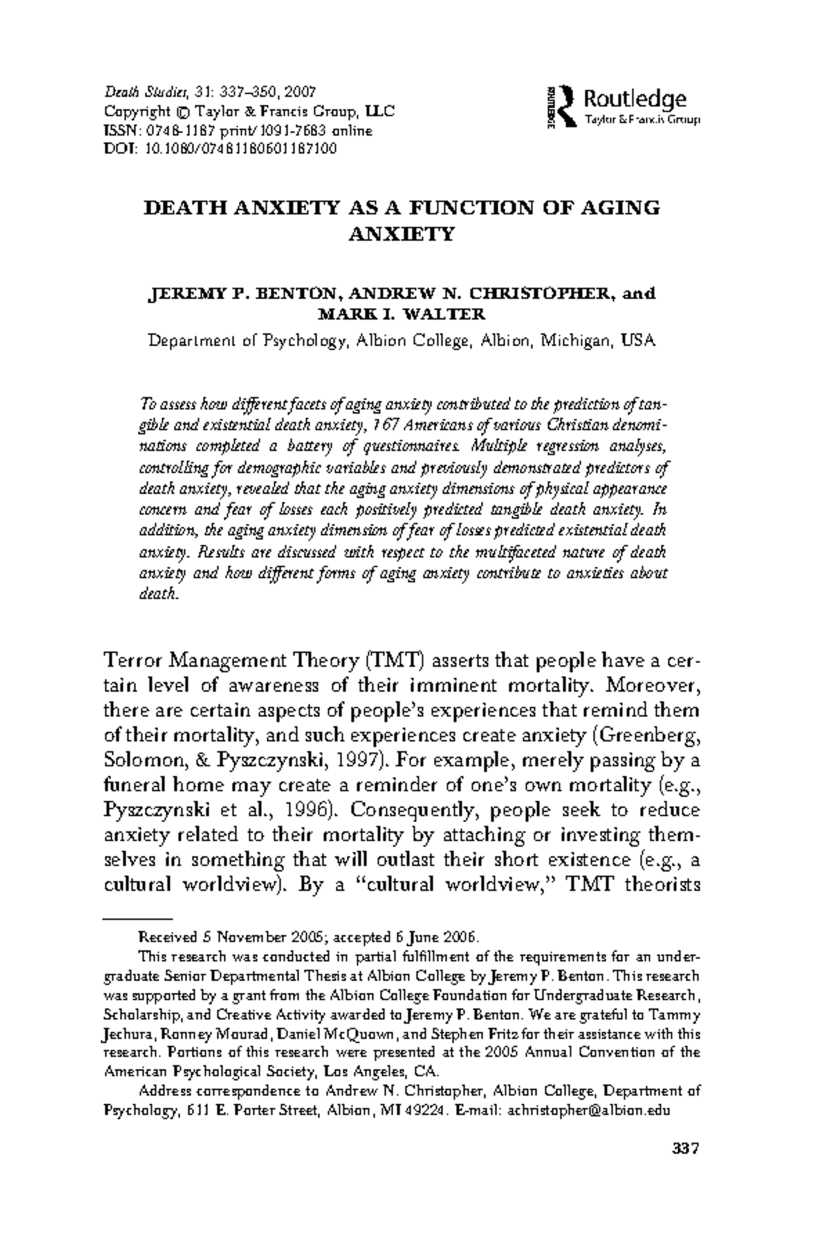 Death anxiety as a function of aging anxiety - DEATH ANXIETY AS A ...