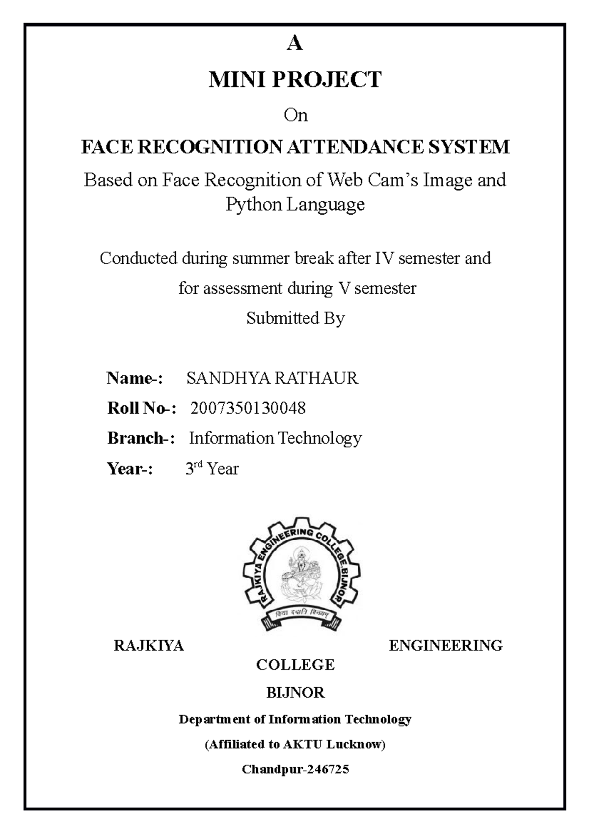 REPORT FILE ON FACE RECO - A MINI PROJECT On FACE RECOGNITION ...