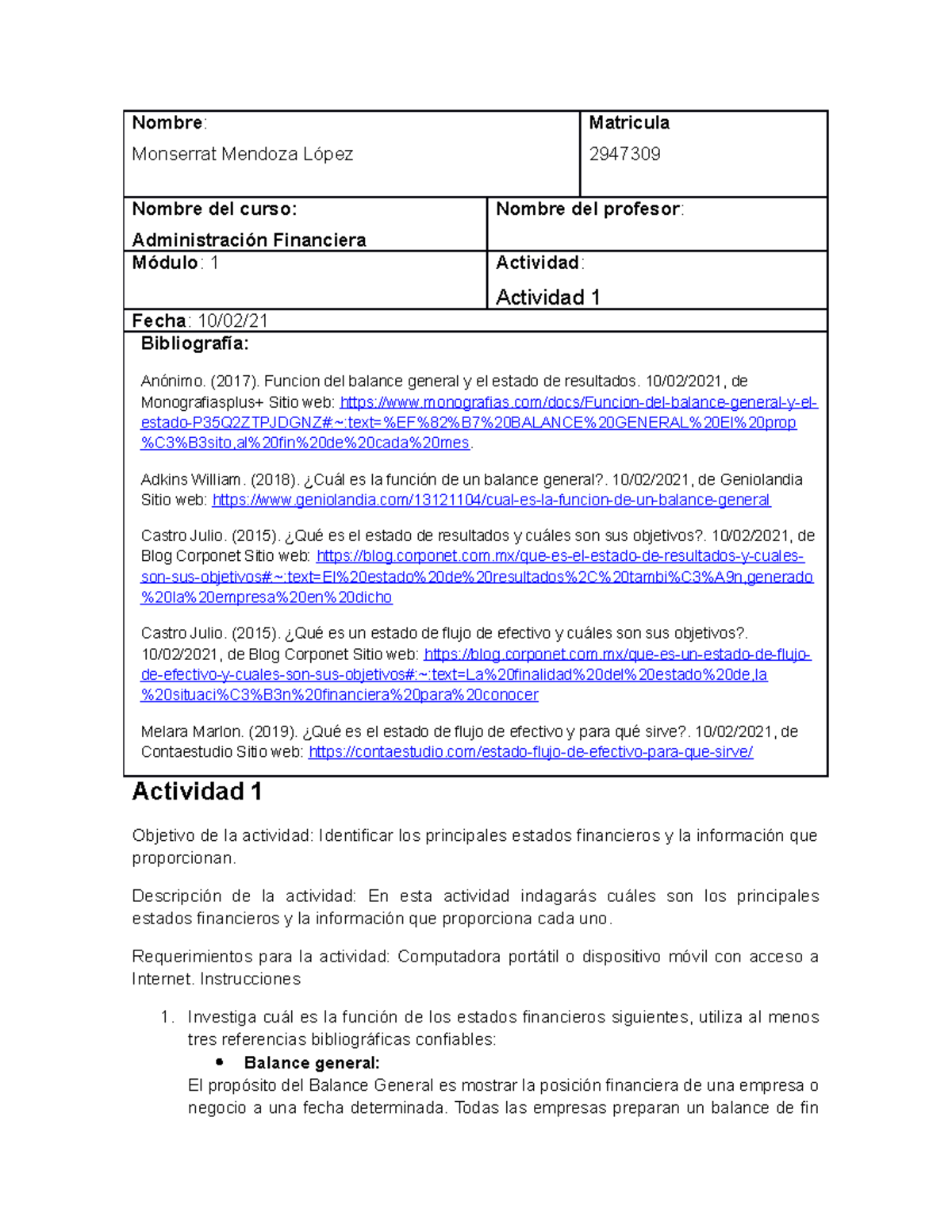 Act 1 admin Finan - Nombre : Monserrat Mendoza López Matricula 2947309 ...