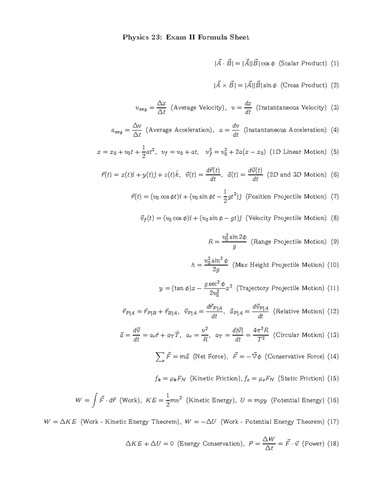 Formula sheet exam2 - Lecture notes 3-7 - Physics 23: Exam II Formula ...