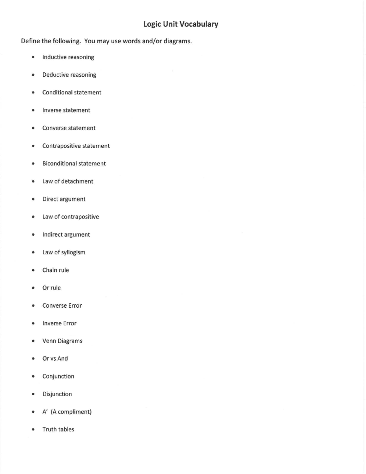 Logic+HW+Packet - ..... - Logic Unit Vocabulary Define the following ...