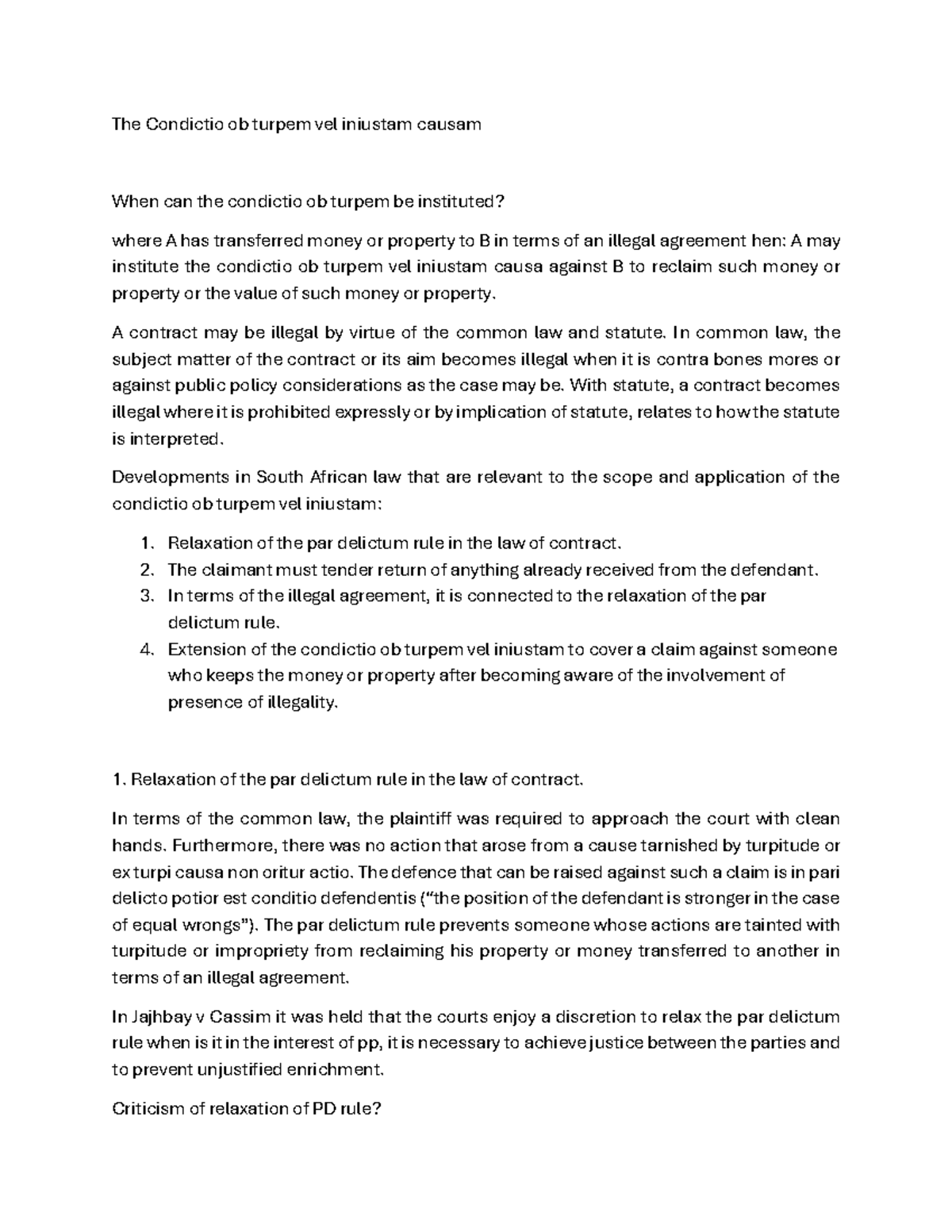 Condictio Ob Causam Finitam Document 28 - helps a lot - The Condictio ob turpem vel iniustam causam