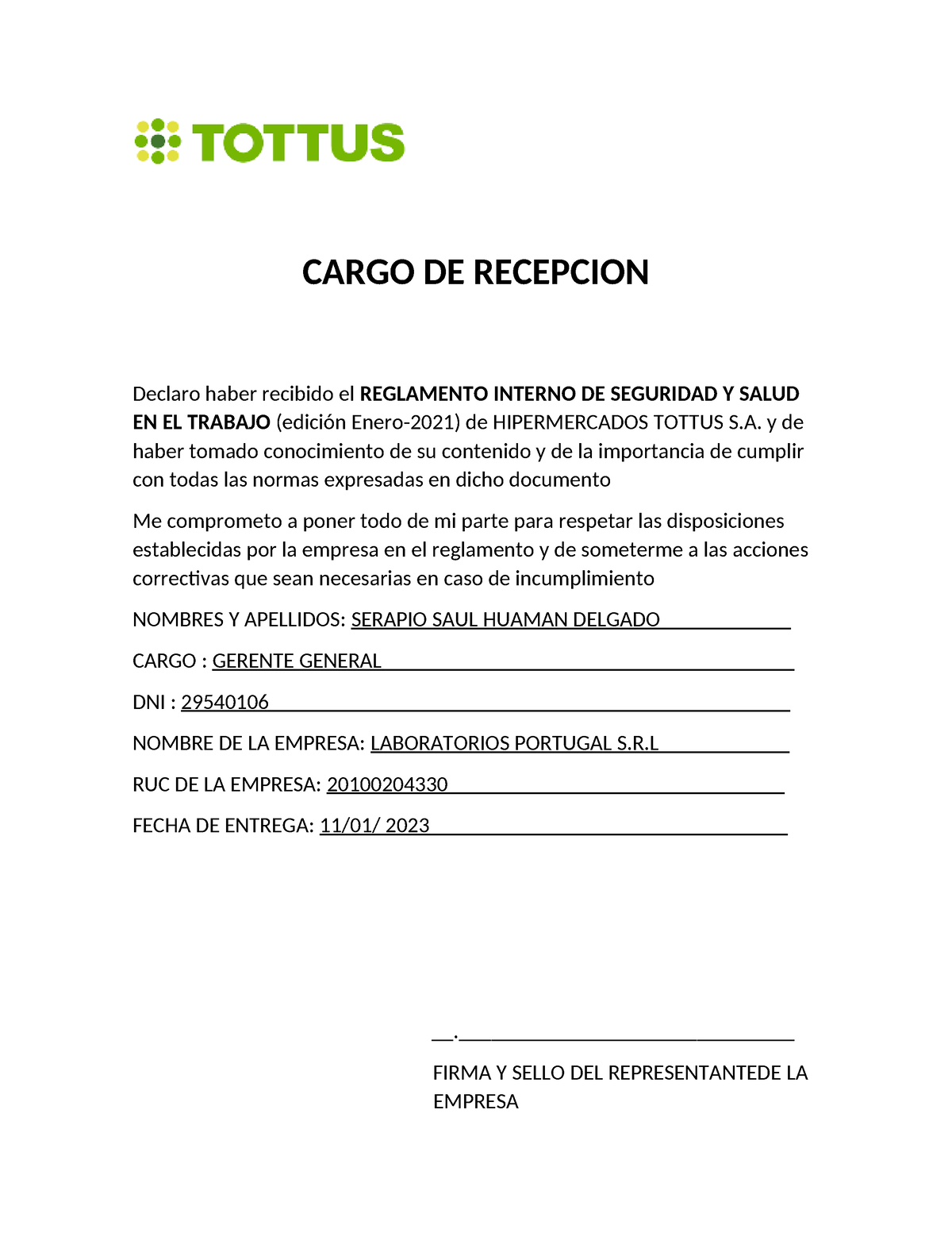 Cargo De Recepcion Risst 2023 Tottus Cargo De Recepcion Declaro Haber Recibido El Reglamento 0607