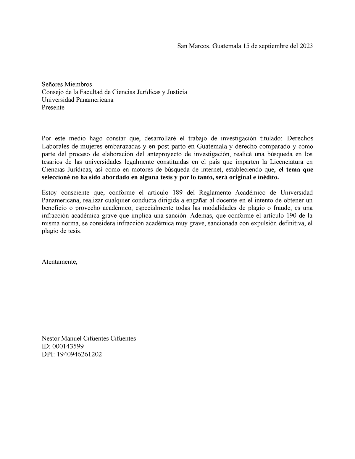 Carta Originalidad Word San Marcos Guatemala 15 De Septiembre Del 2023 Señores Miembros 8574