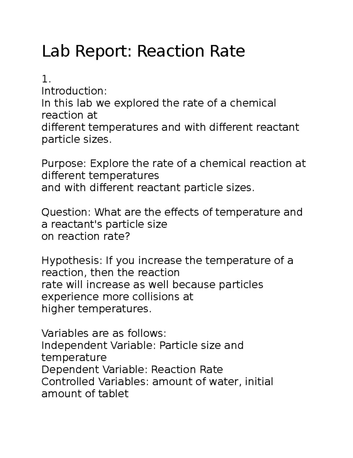 lab reaction rate assignment lab report