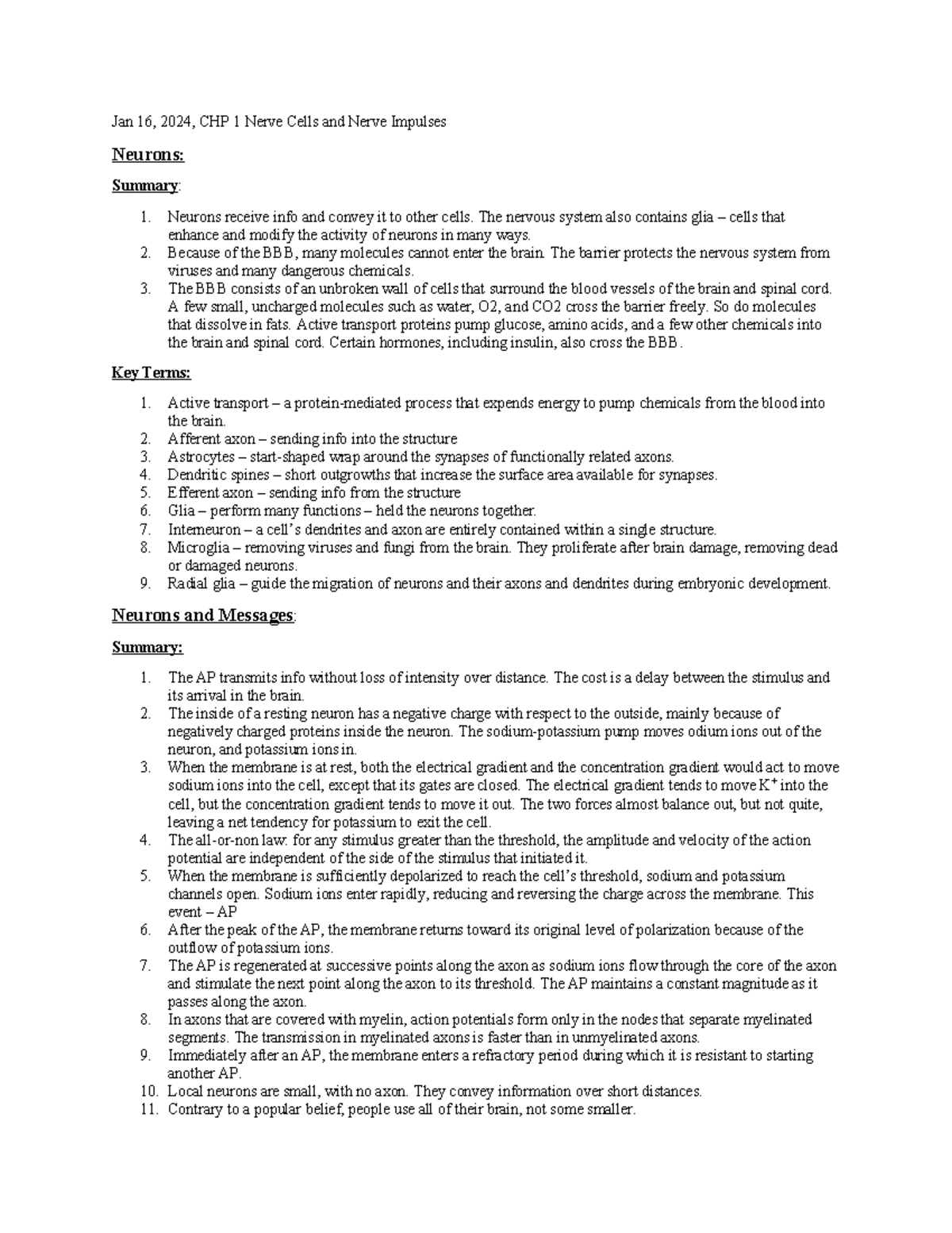 CHP 1 Summary and Key Concepts - Jan 16, 2024, CHP 1 Nerve Cells and ...