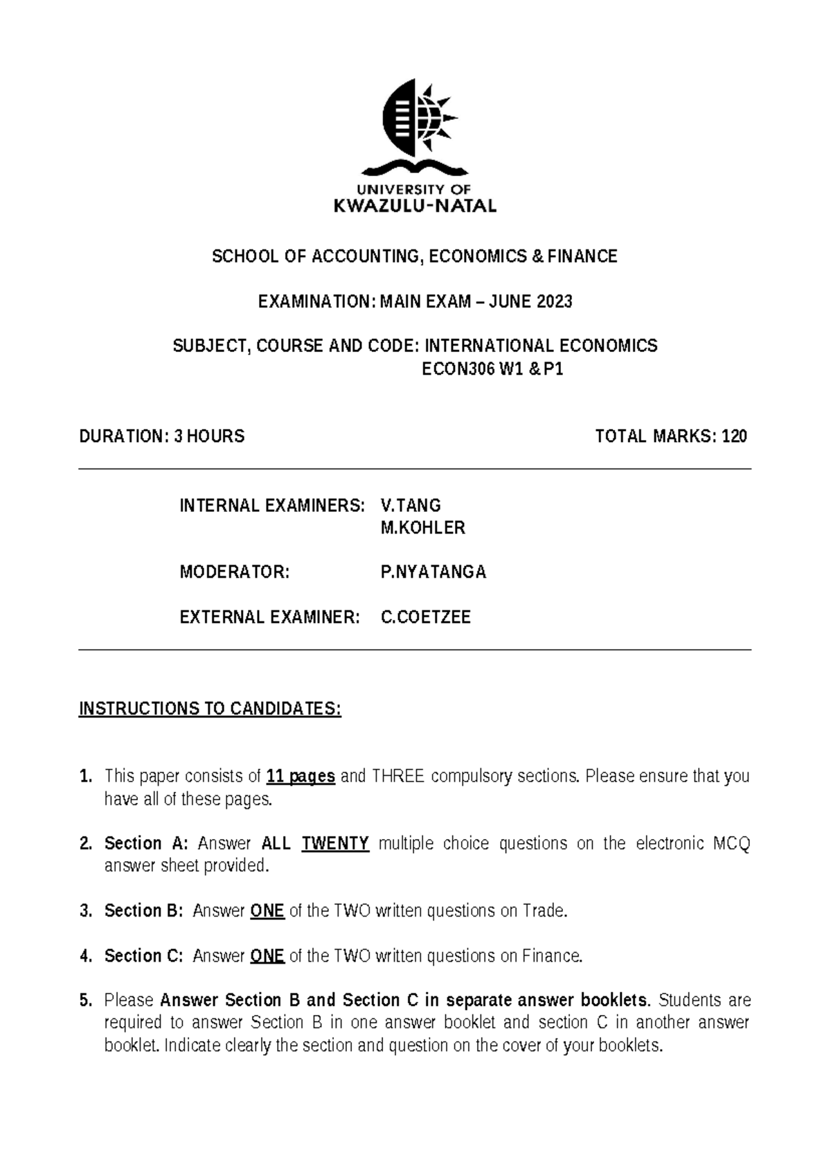 23intexam main - test - SCHOOL OF ACCOUNTING, ECONOMICS & FINANCE ...