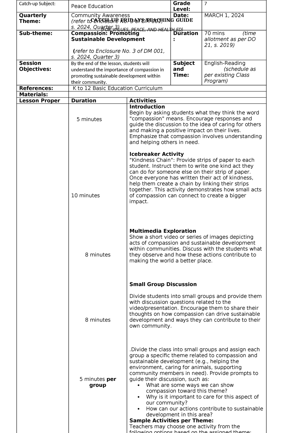 Grade 7-peace and val ed catch-up plan - Copy - CATCH-UP FRIDAYS ...
