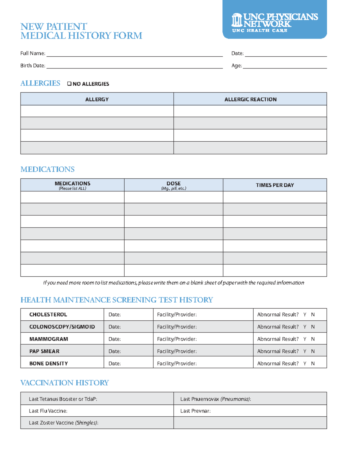 New Patient Medical Hx - Intake form - Full Name: Date: Birth Date: Age ...