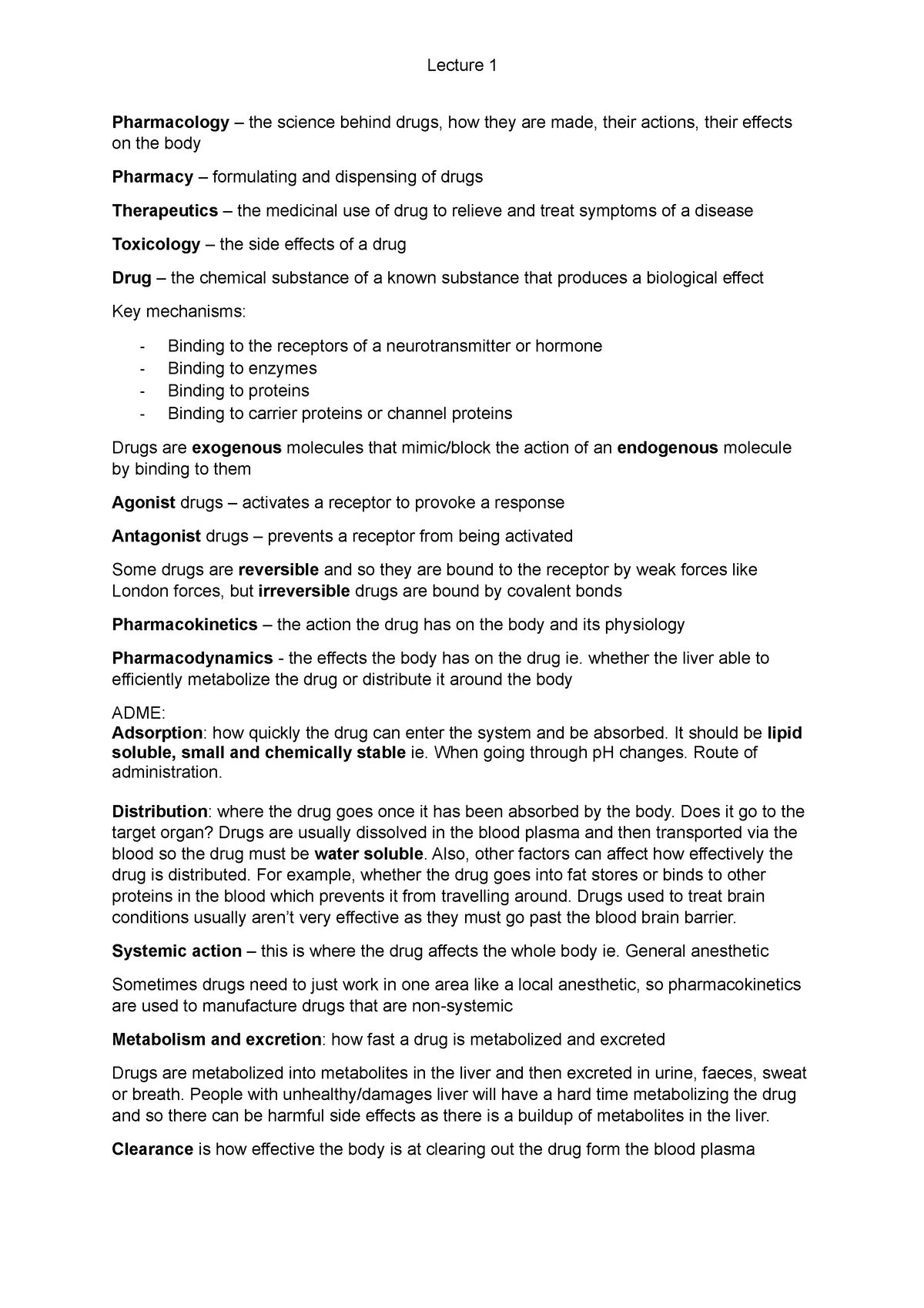 Lecture 1 Notes - Introduction To Pharmacology - Lecture 1 Pharmacology ...