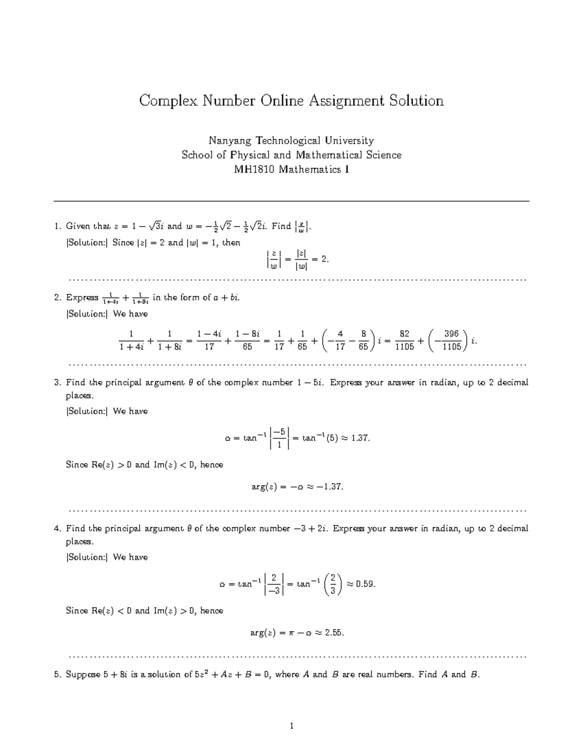 22S1 Complex Number Assignment - Complex Number Online Assignment ...