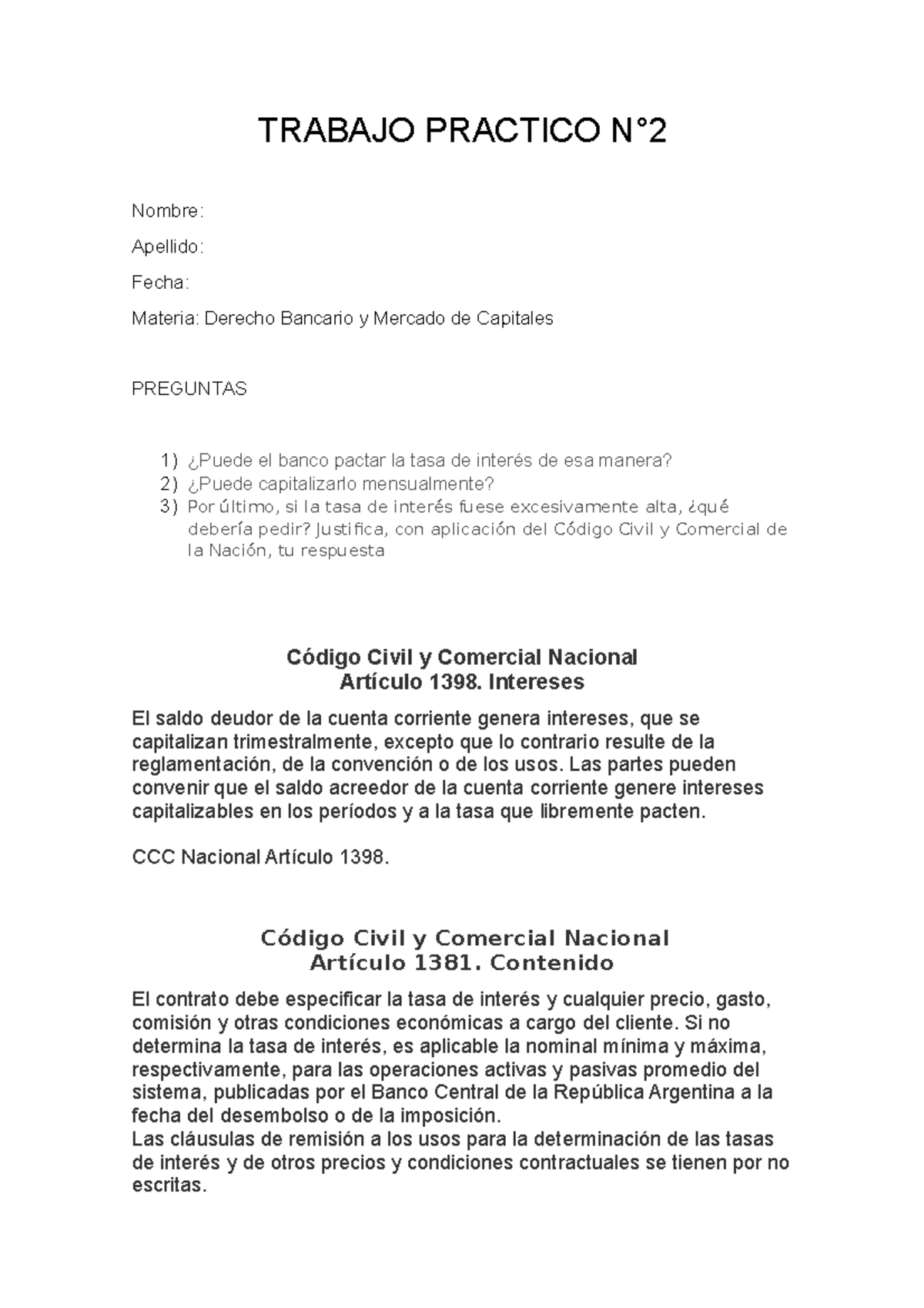 Trabajo Practico N 2 Derecho Bancario Y Mercado De Capitales Trabajo Practico N° Nombre 0109