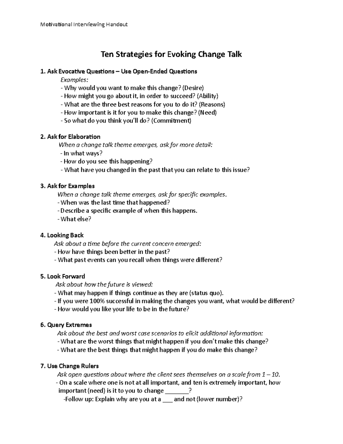 MI - Ten Strategies for Evoking Change Talk Handout - Motivational ...