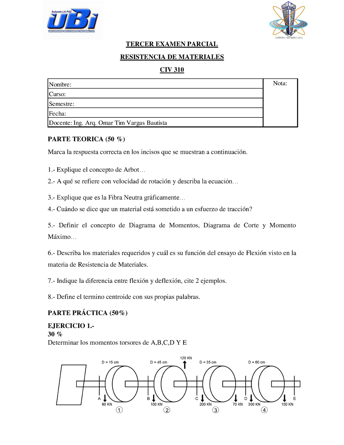 Tercer Examen Parcial Resistencia DE Materiales - TERCER EXAMEN PARCIAL ...