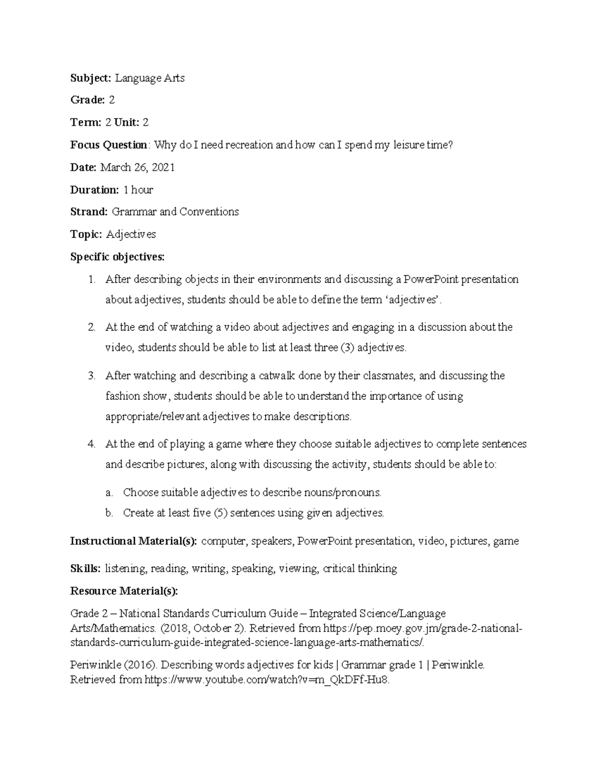 503540228 Adjectives Lesson Plan Subject Language Arts Grade 2 Term