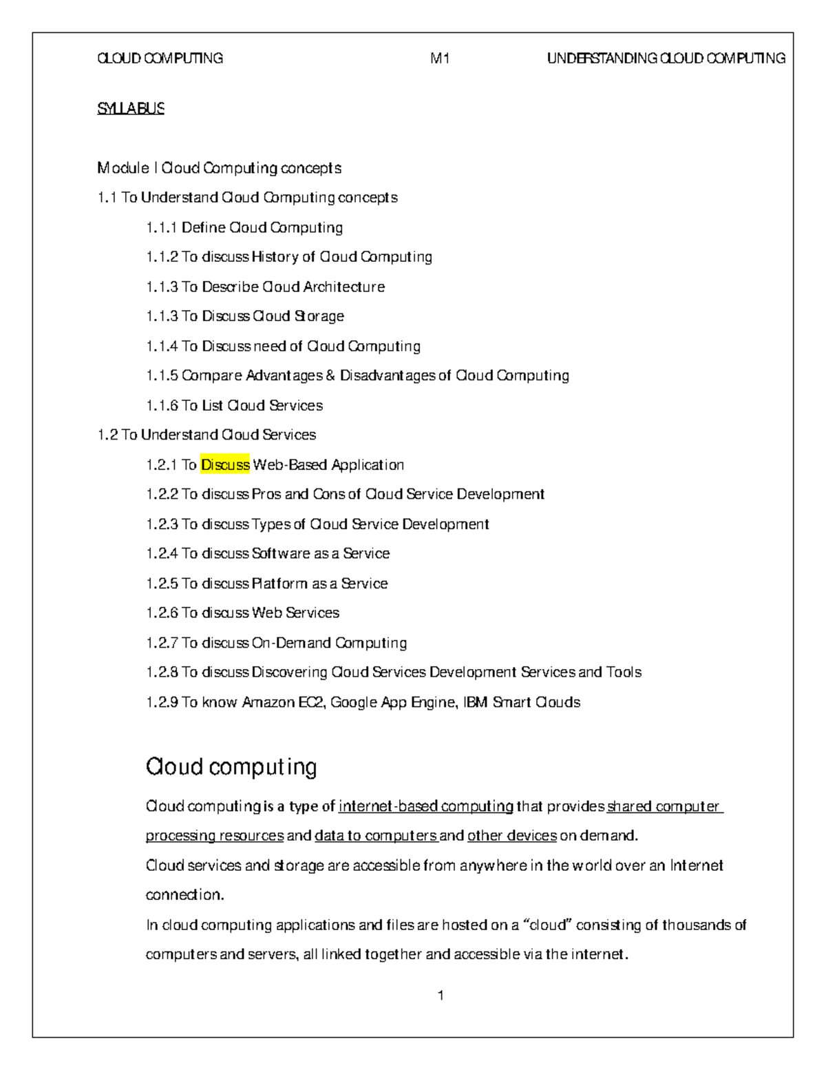 Cloud m1 - computer - SYLLABUS M odule I Cloud Computing concepts 1 To ...