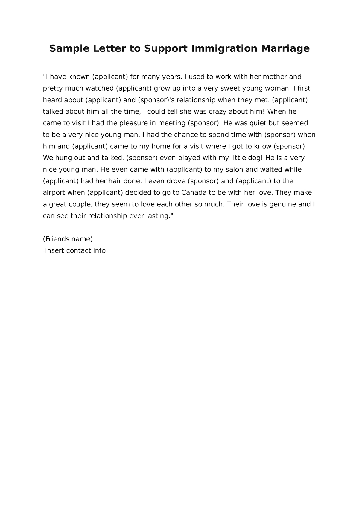 Sample Letter Of Immigration Marriage Support From Friend Sample