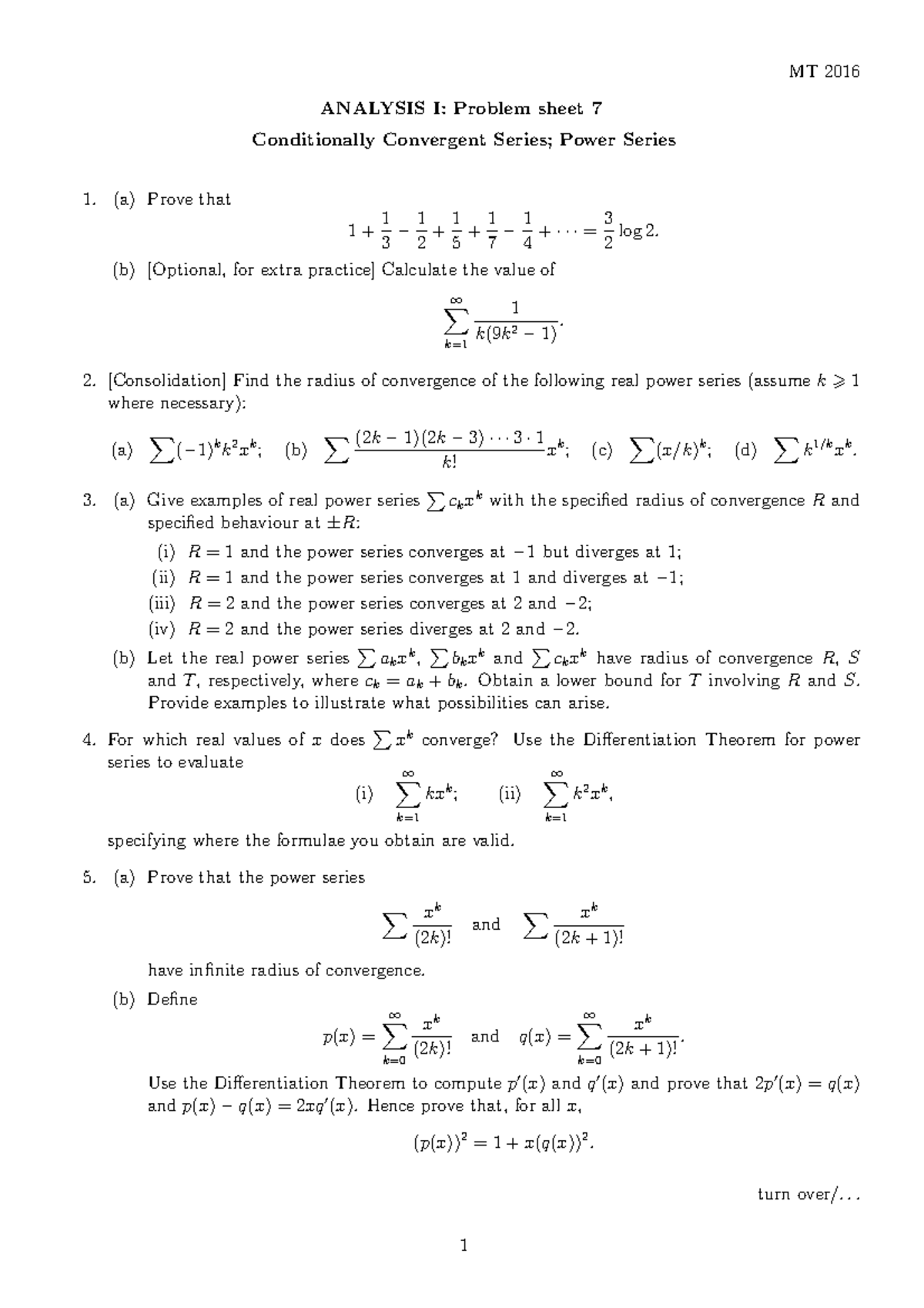 Analysis 1 sheet 7 - MT 2016 ANALYSIS I: Problem sheet 7 Conditionally ...