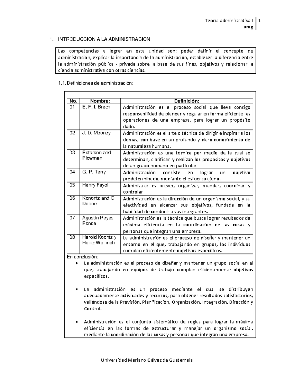 Guia ADM 1 - Resumen administracion 1 - umg 1. INTRODUCCION A LA ...