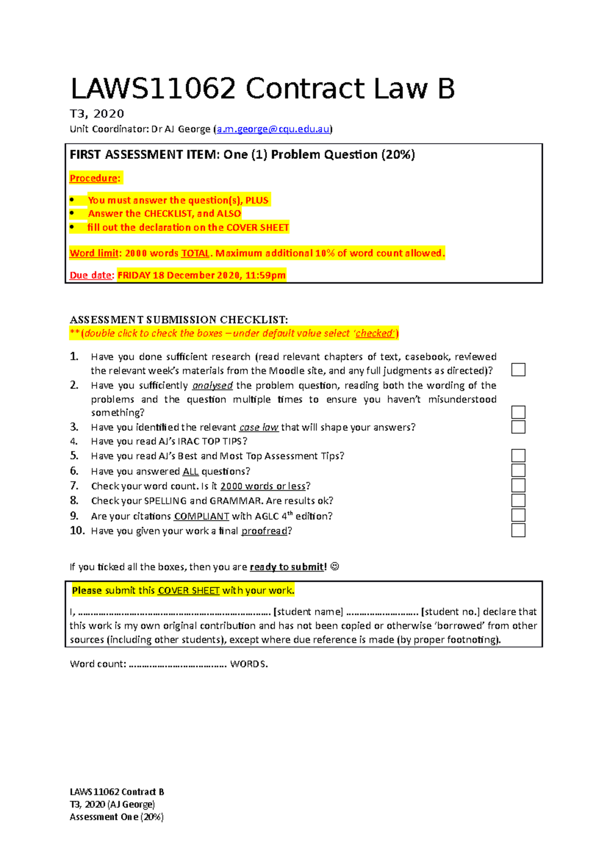 Contract B - Assessment Problem - LAWS11062 Contract Law B T3, 2020 ...