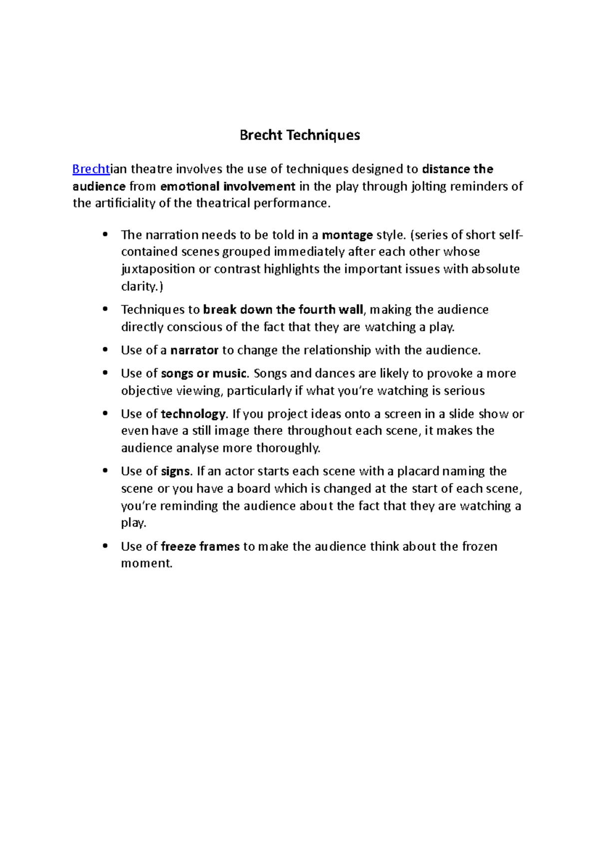 Brecht Techniques notes Brecht Techniques Brechtian theatre