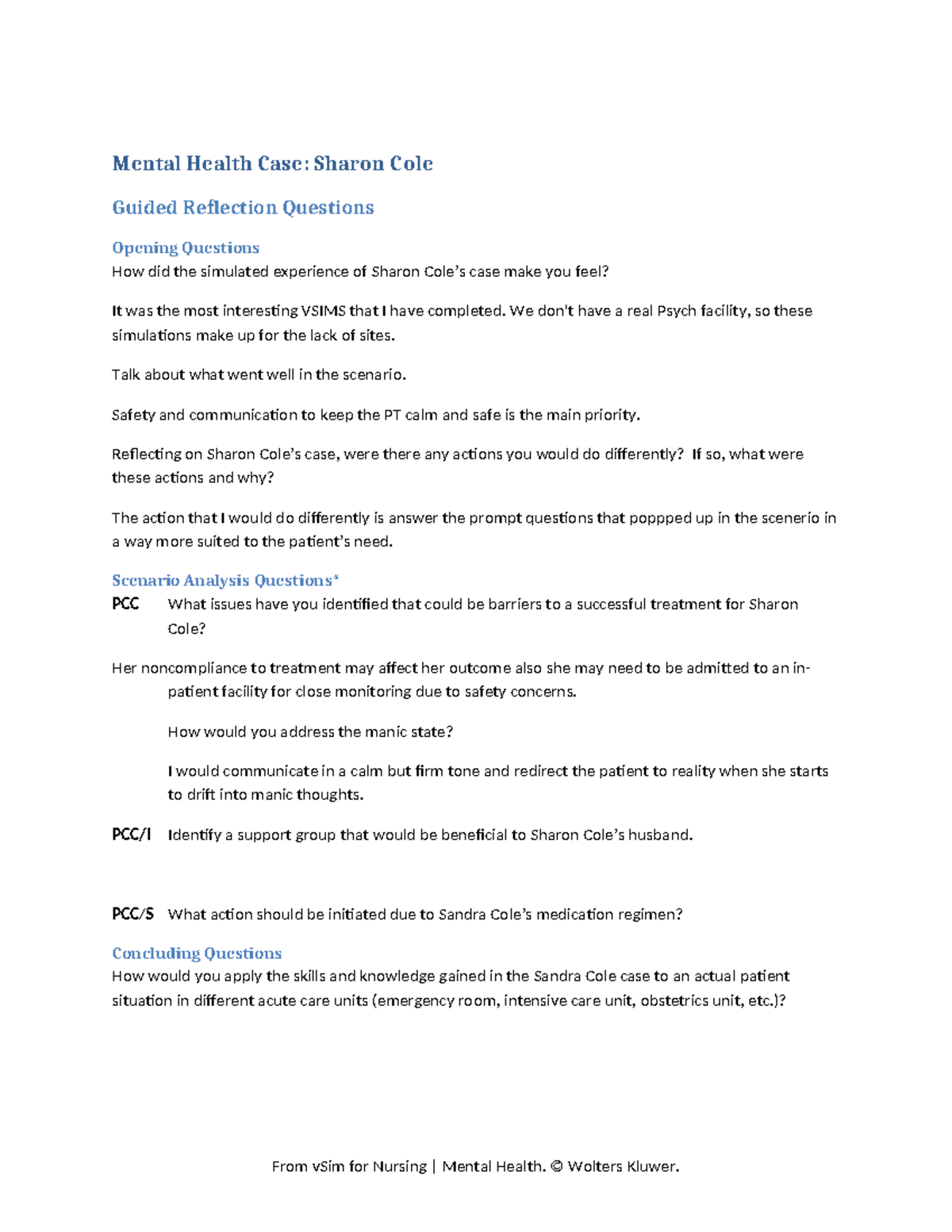 Mental Health Sharon Cole GRQ - Mental Health Case: Sharon Cole Guided ...