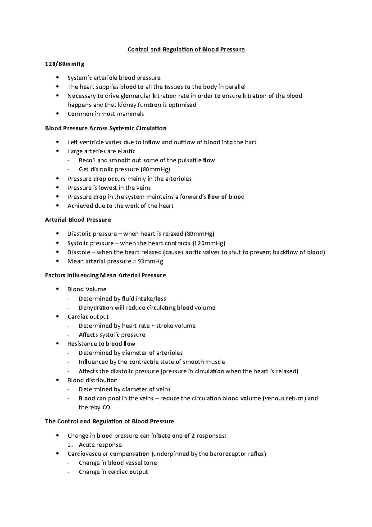 Control and Regulation of Blood Pressure - Acute response ...