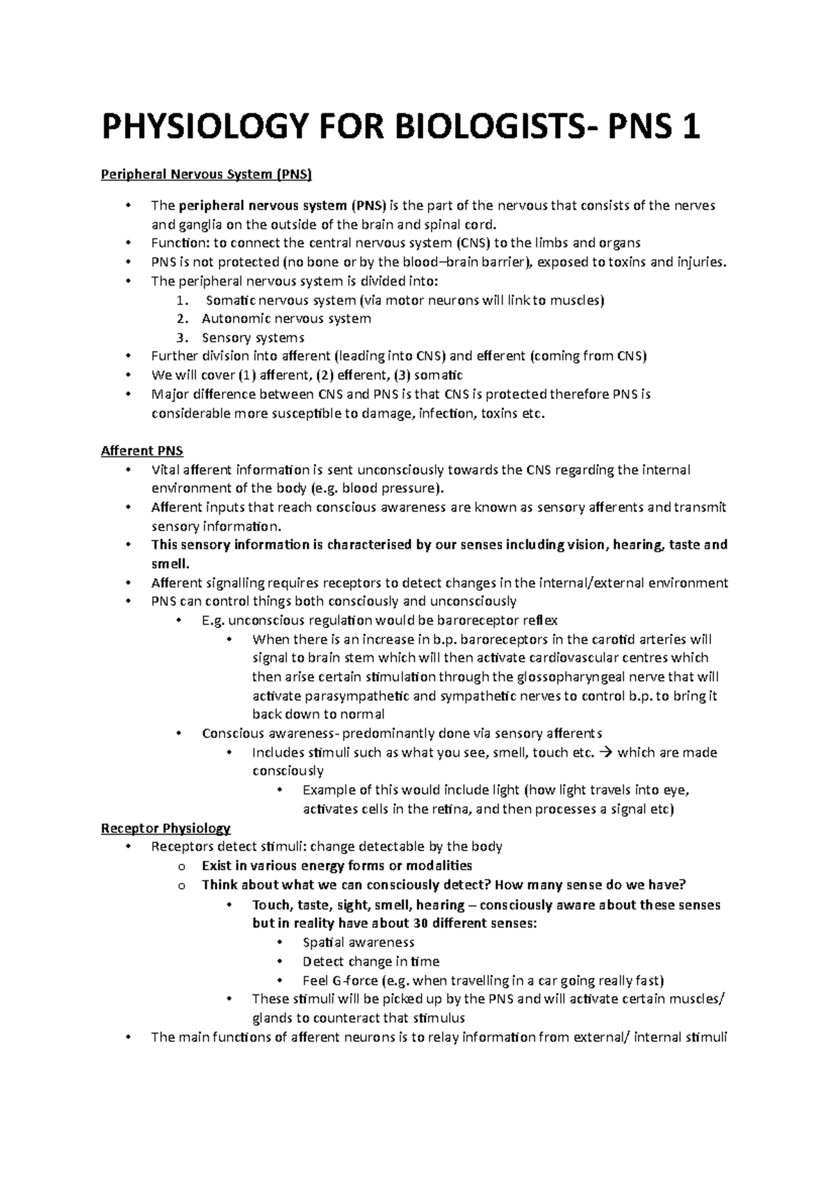 PNS Summary Notes - PHYSIOLOGY FOR PNS 1 Peripheral Nervous System (PNS ...