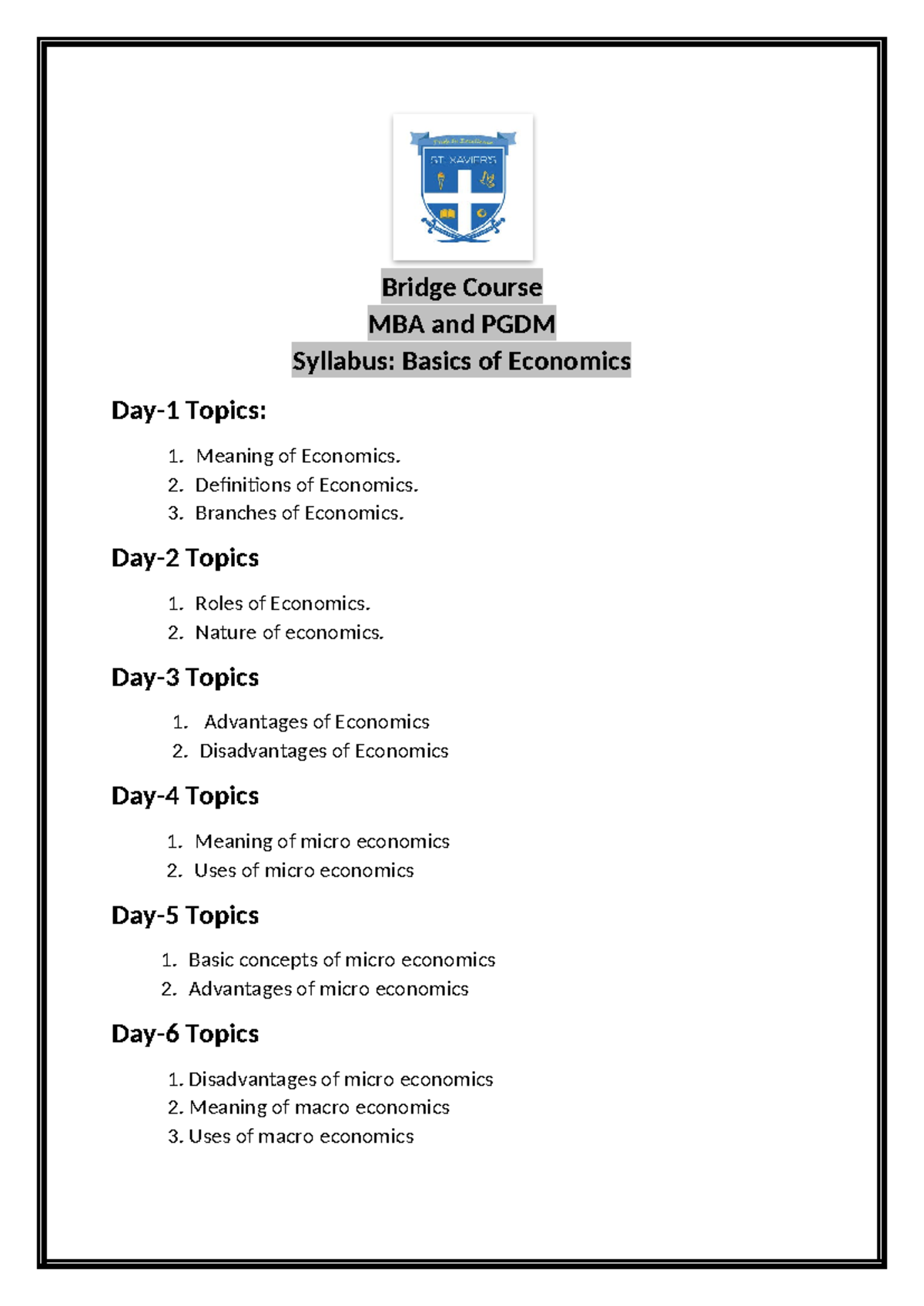 Bridge Course syllabus - Bridge Course MBA and PGDM Syllabus: Basics of ...
