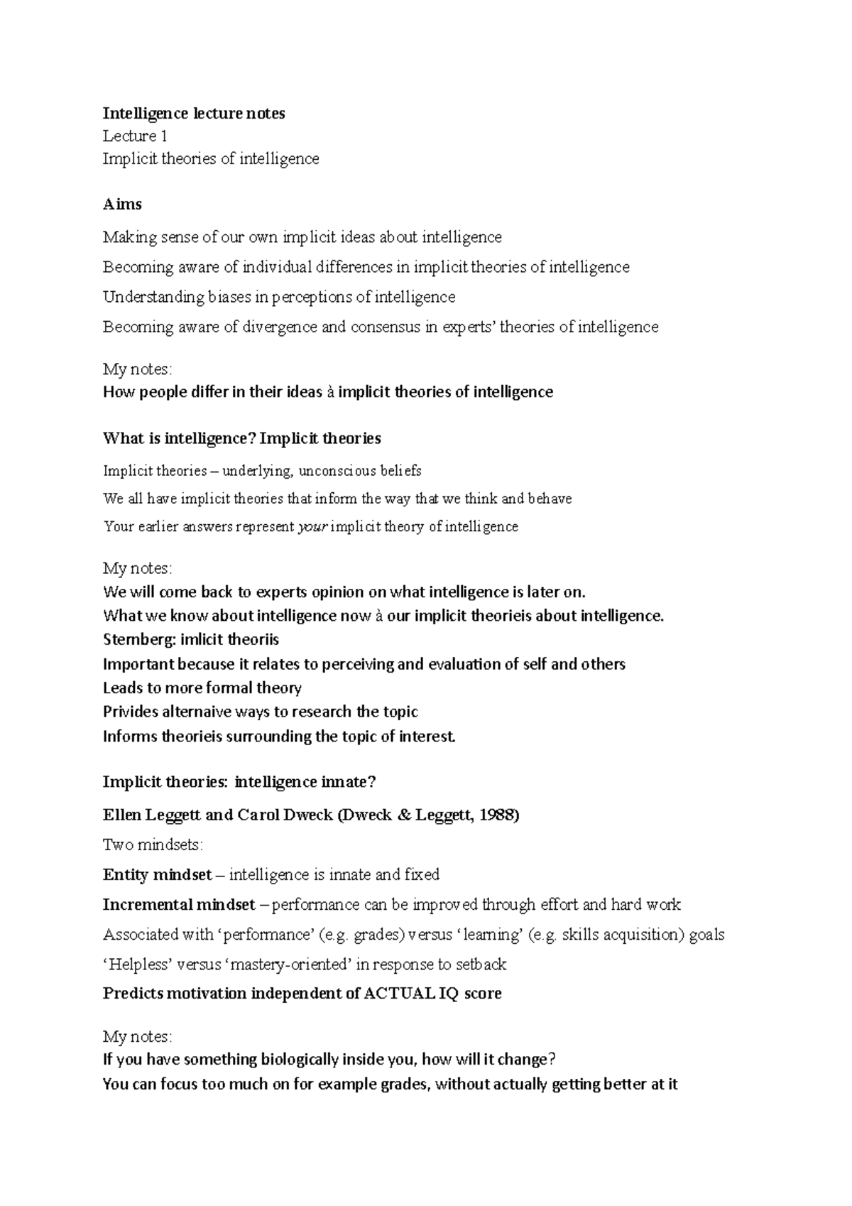 Intelligence lectures revision notes - Intelligence lecture notes ...