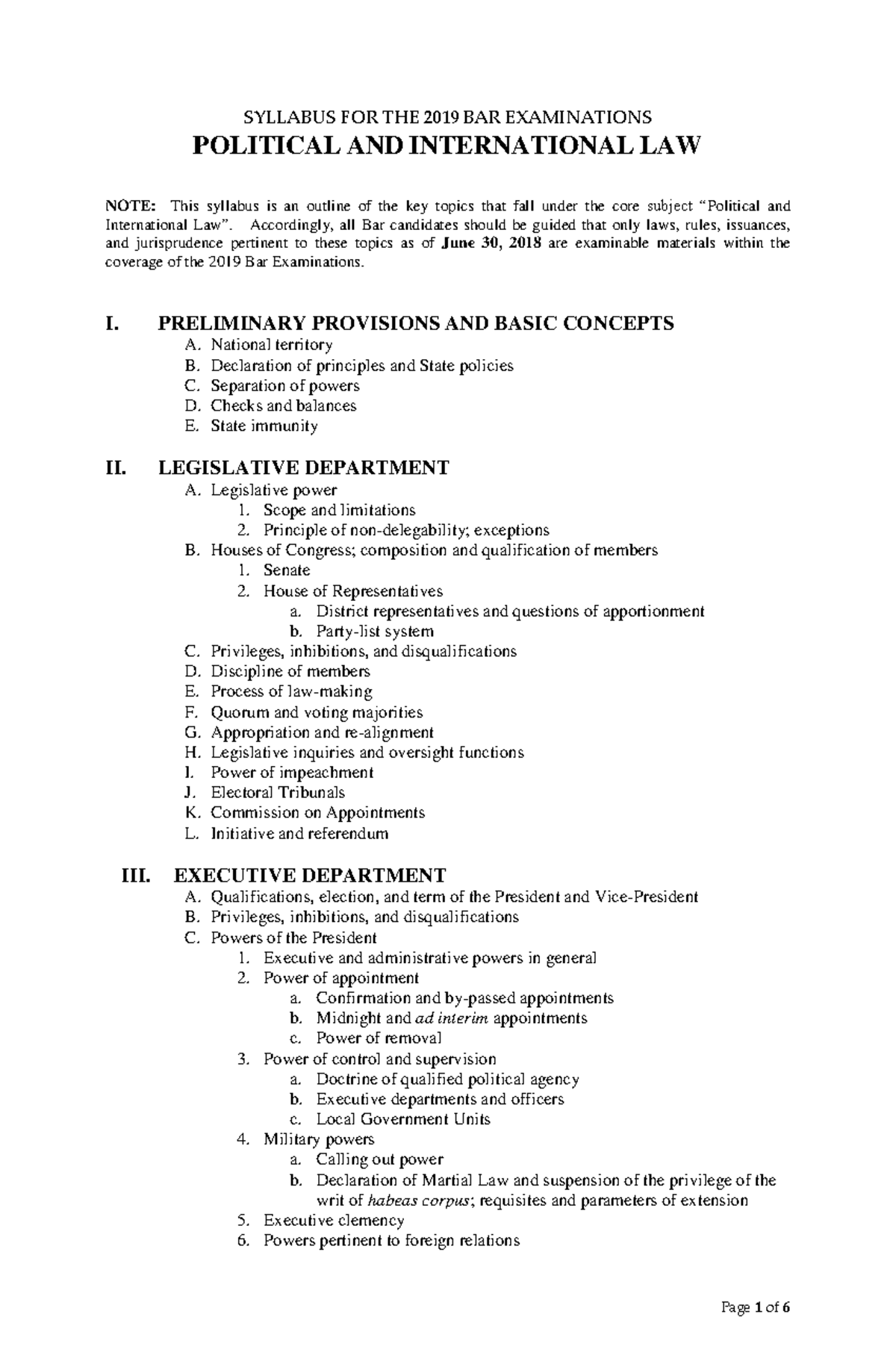 Political-LAW - syllabi - SYLLABUS FOR THE 2019 BAR EXAMINATIONS ...