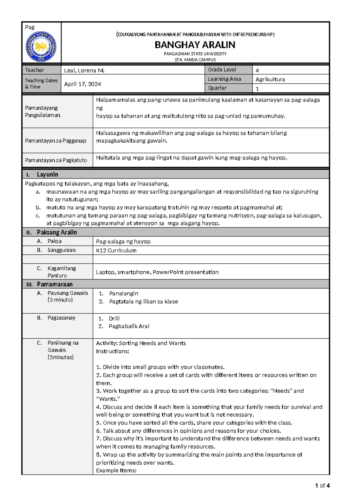 EPP4 LP - Lesson Plan - Pag (EDUKASYONG PANTAHANAN AT PANGKABUHAYAN ...