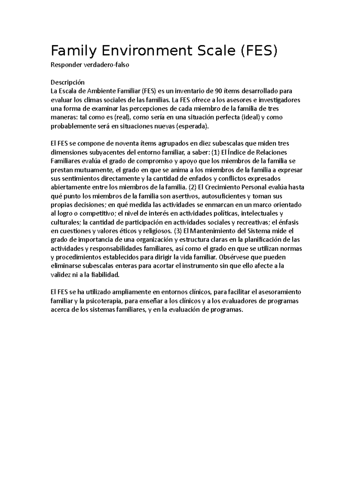Family Environment Scale - La FES ofrece a los asesores e ...