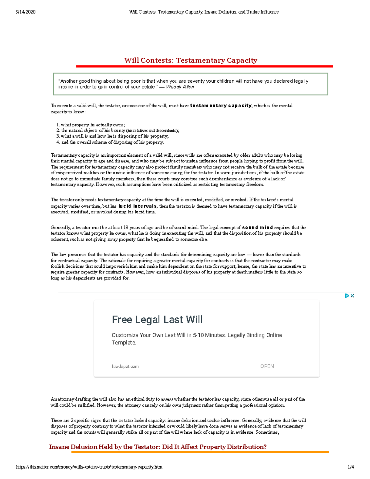 Will Contests Testamentary Capacity, Insane Delusion, and Undue