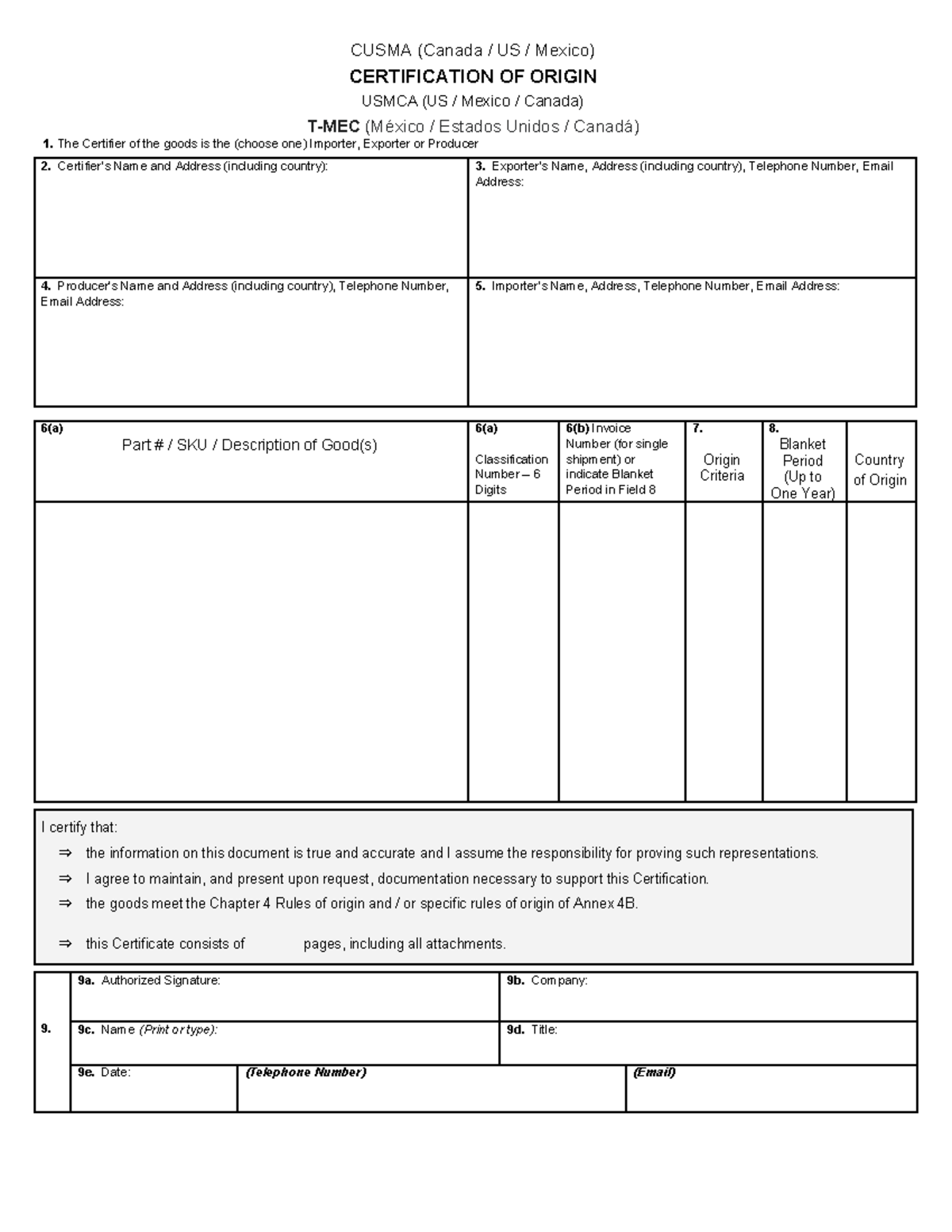 Cusma - Usmca Certificate Of Origin - CUSMA (Canada / US / Mexico ...