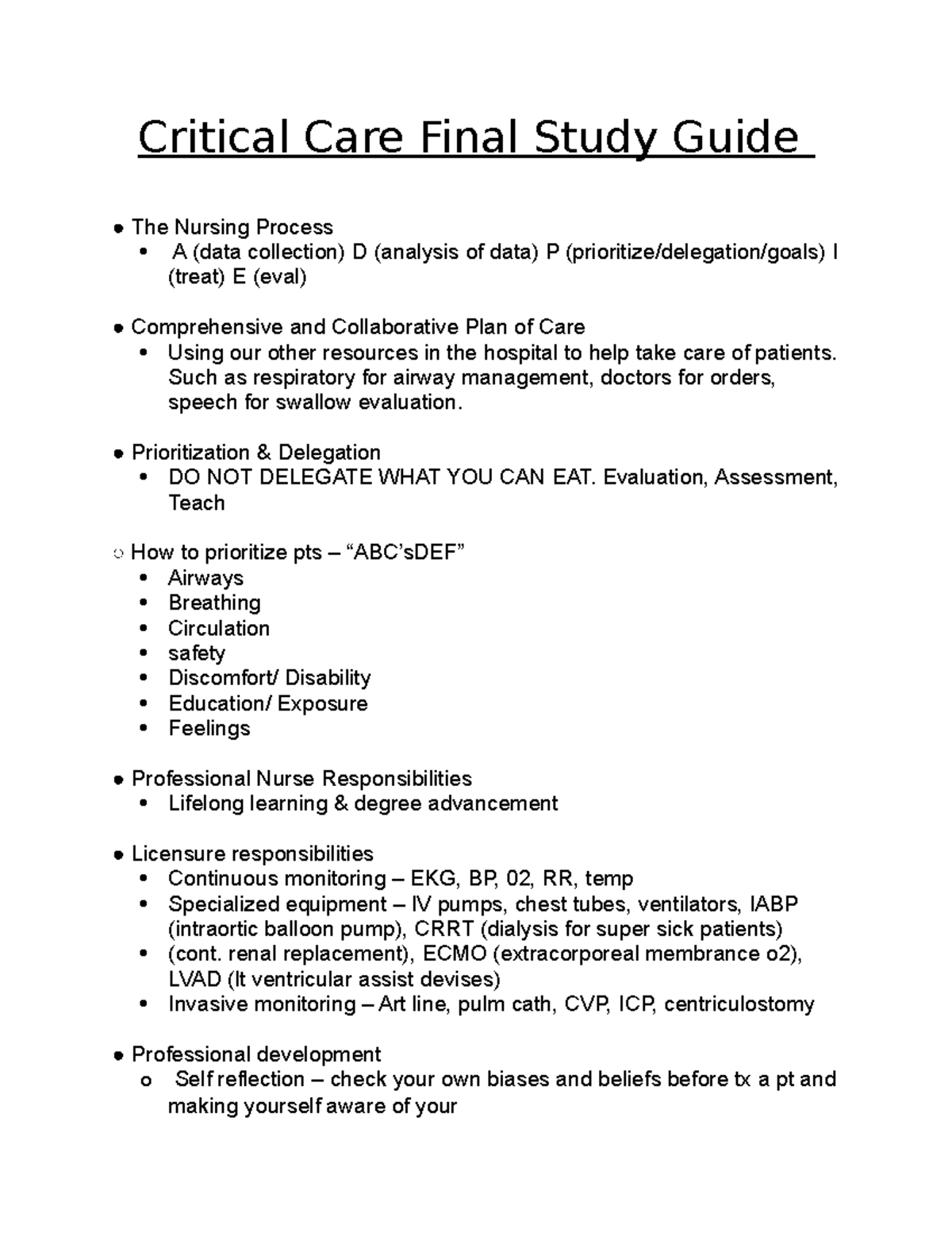 Critical Care Final Study Guide - Critical Care Final Study Guide The ...