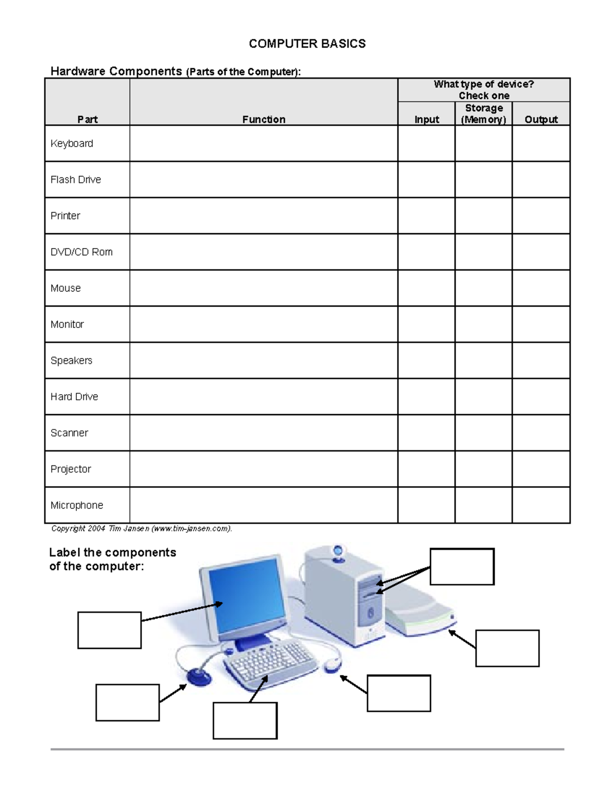 Parts of a Computer Worksheet