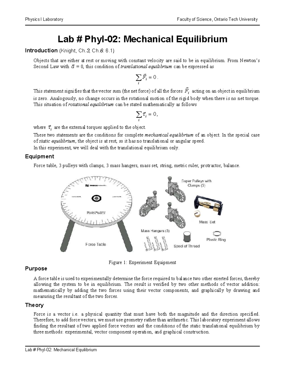 Equilibrium C Lab work Lab PhyI02 Mechanical Equilibrium Introduction (Knight, Ch. 3