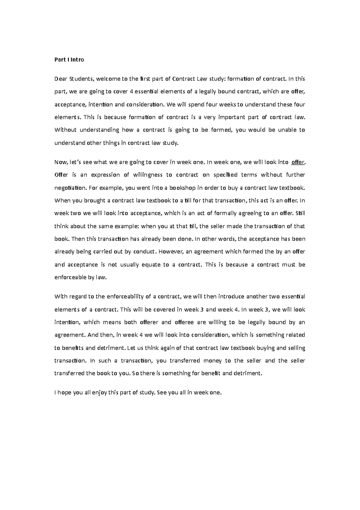 Contract Intro - Lecture notes 1 - Part I Intro Dear Students, welcome ...