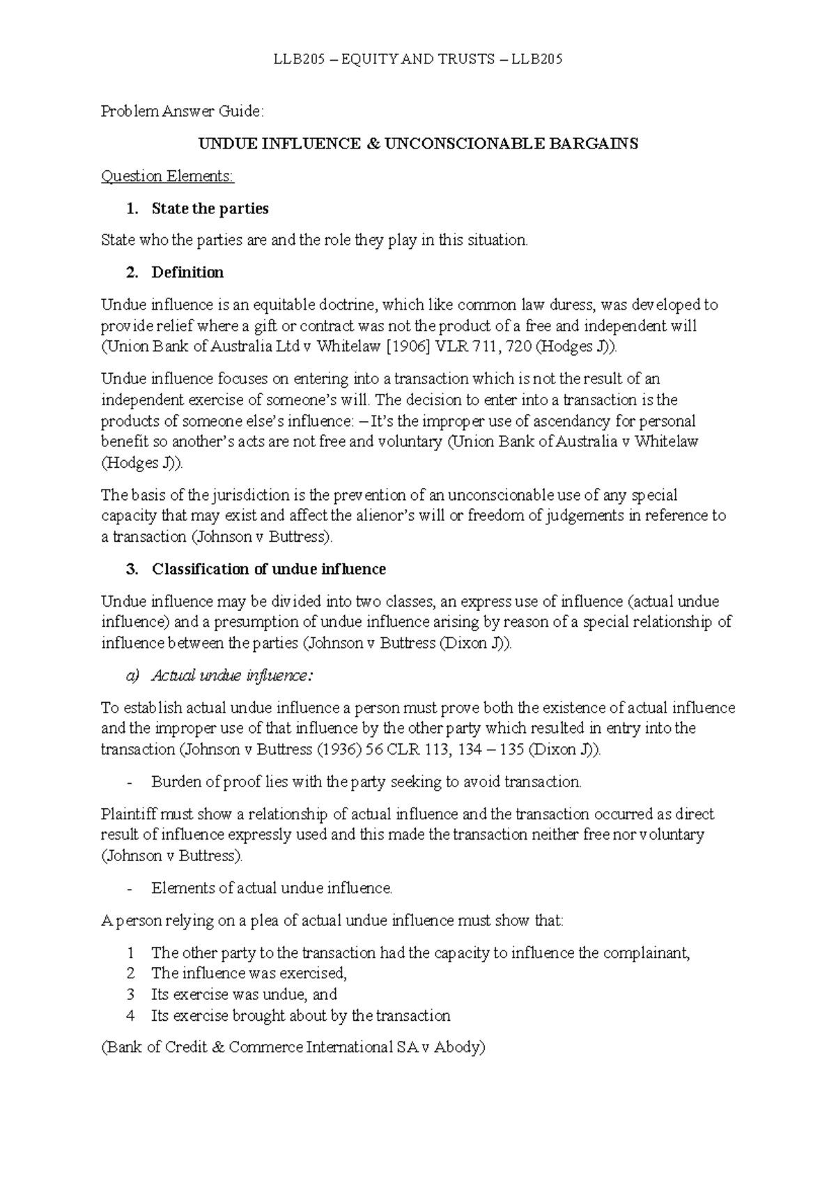LLB205 Equity and Trusts: Undue Influence and Unconscionable Bargains ...