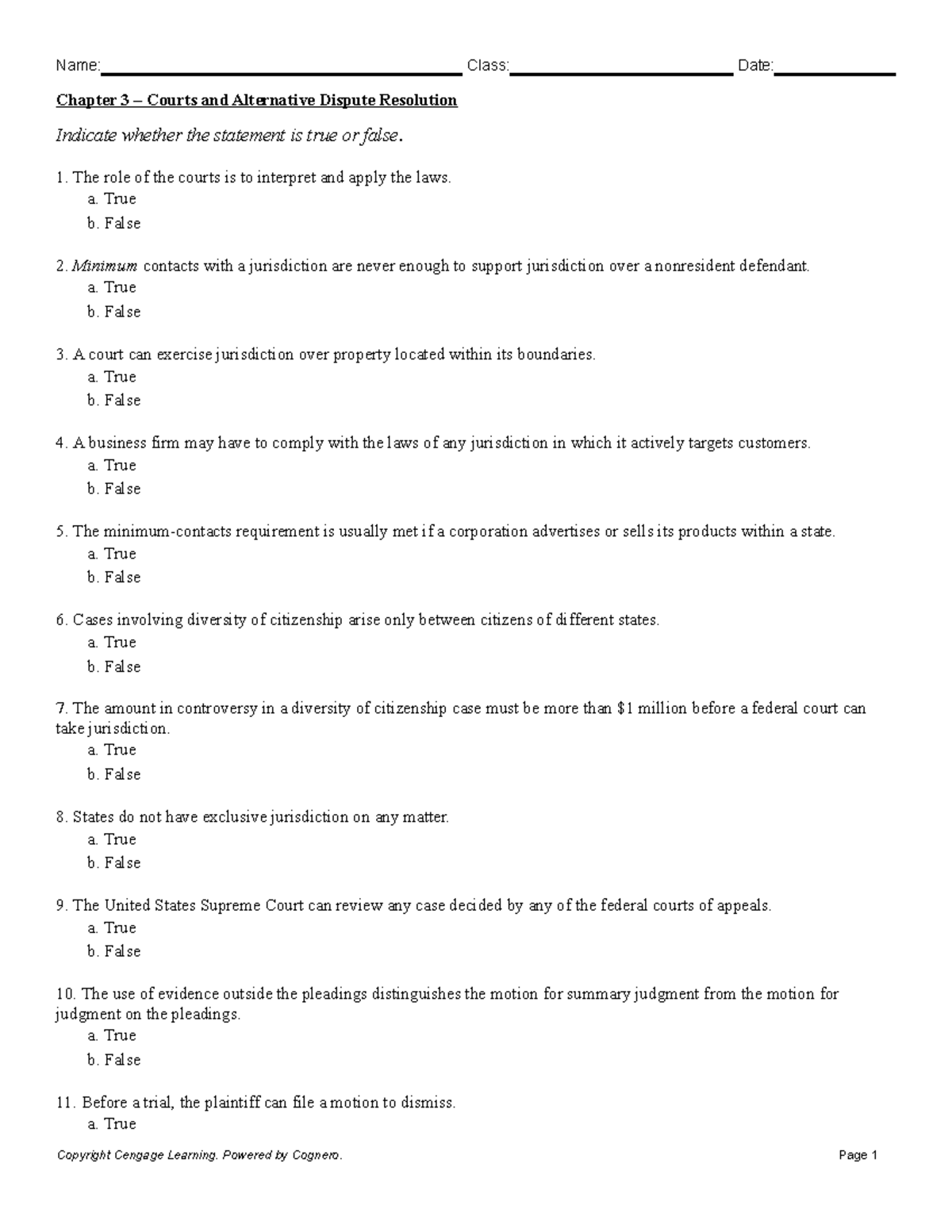 Test Bank Ch 3 - Test Bank Ch 3 - Chapter 3 – Courts and Alternative ...