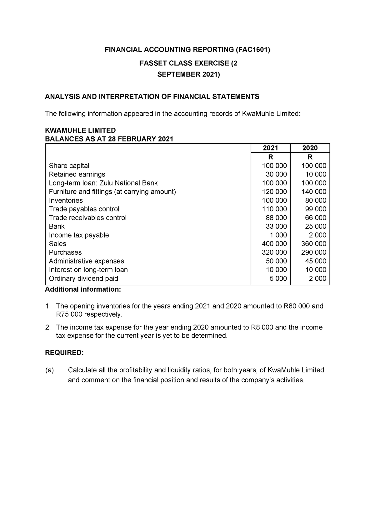 Fasset - Class Exercise Analysis and Interpretation of Financial ...